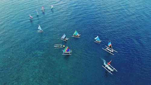 High angle view of sailboat in sea