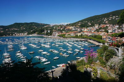 High angle view of townscape against clear blue sky