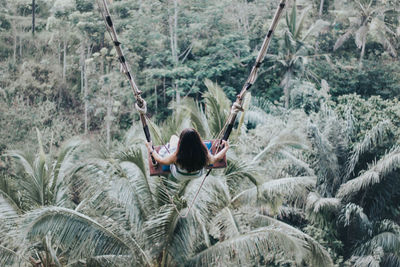 Young pretty asian woman is swinging on the cliff of the jungle in ubud, bali.