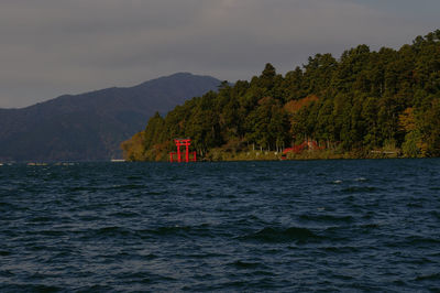 Scenic view of lake by trees against sky