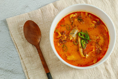 High angle view of soup in bowl on table