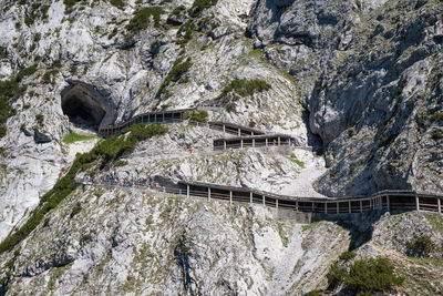 High angle view of bridge over rock formation