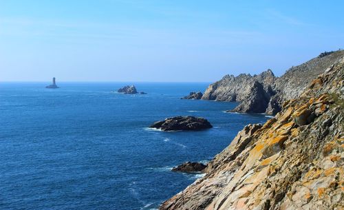 Scenic view of sea against clear blue sky