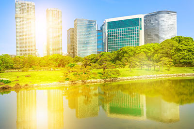 Reflection of buildings on lake against sky in city