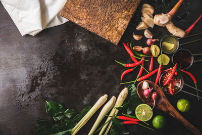 High angle view of fruits and vegetables on table