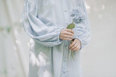 Midsection of woman holding blue hydrangeas against white background