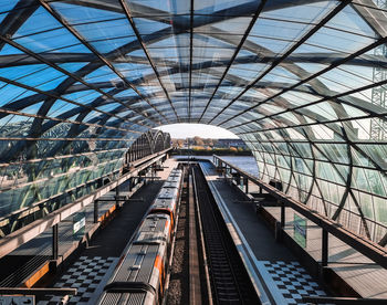 Railroad station platform seen through glass ceiling