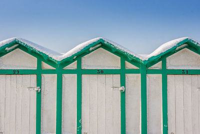 Close-up of blue wall against clear sky