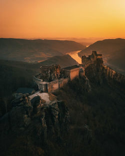 High angle view of landscape during sunset