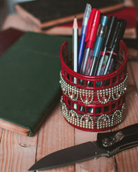 High angle view of paintbrushes on table