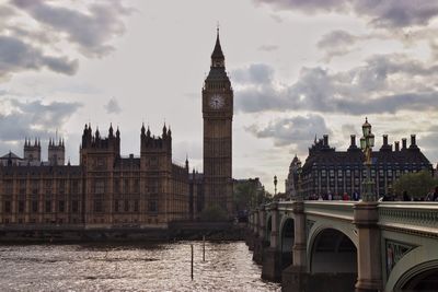 Buildings in city against cloudy sky