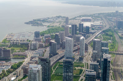 High angle view of buildings and sea
