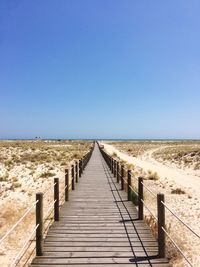 Scenic view of beach against clear blue sky