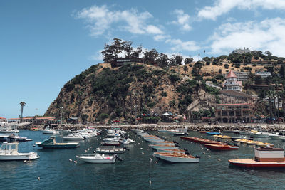 Sailboats moored on sea by buildings in city against sky