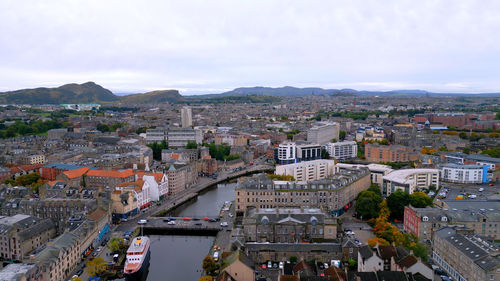 High angle view of townscape against sky