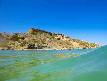 Scenic view of sea against clear blue sky