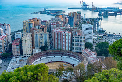 High angle view of buildings in city