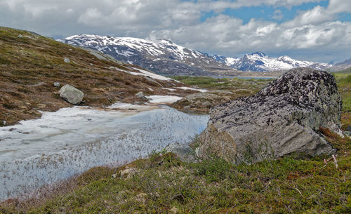 Scenic view of snowcapped mountains against sky