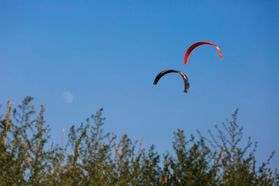 Low angle view of paragliding against clear blue sky