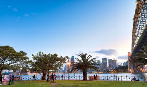 View of trees and buildings in city