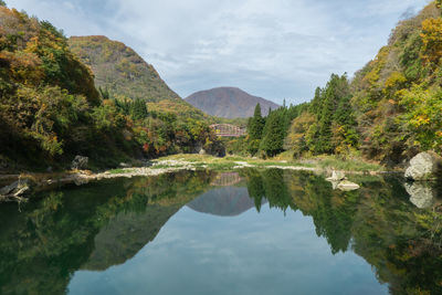 Scenic reflection of lake and mountains against sky