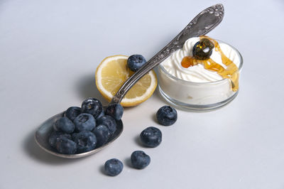 High angle view of fruits in bowl against white background
