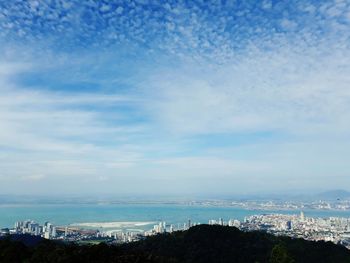 High angle view of buildings against cloudy sky