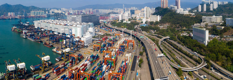 Aerial view of cargo containers in city