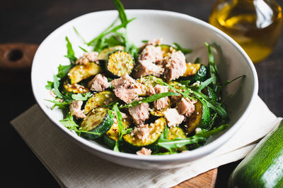 High angle view of salad in plate on table