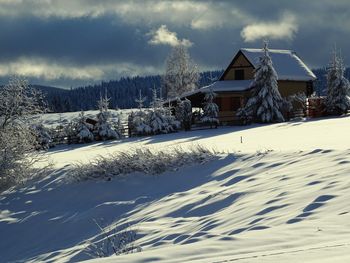 Snow covered landscape and houses against sky