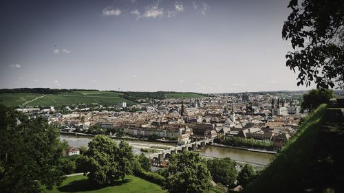 High angle view of townscape and river against sky