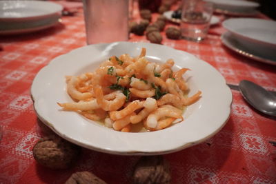 High angle view of prawns served on table