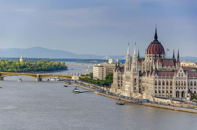 Bridge over river with city in background