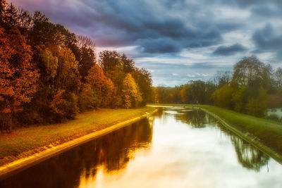 Reflection of trees in lake against sky during sunset