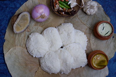 High angle view of fruits in plate on table