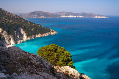 High angle view of bay against sky