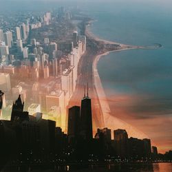 City skyline at sunset