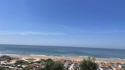 High angle view of sea against blue sky