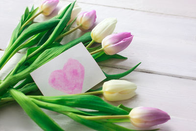 High angle view of pink tulips on table