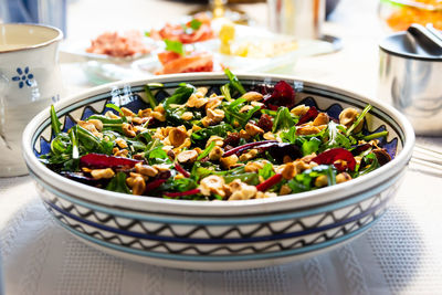 High angle view of salad in bowl on table