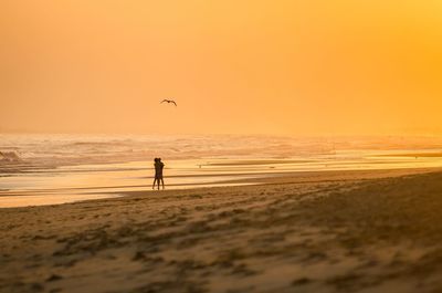 Scenic view of beach against orange sky