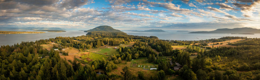 Aerial view of lummi island, washington. panoramic take on this gem of an island in the salish sea.