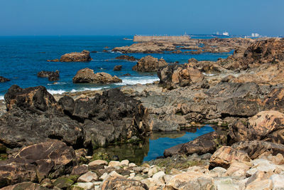 Sunny day at the beautiful coastline and beaches at porto city in portugal