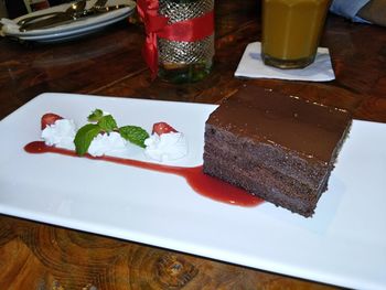 High angle view of dessert in plate on table