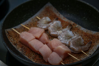 High angle view of meat in cooking pan