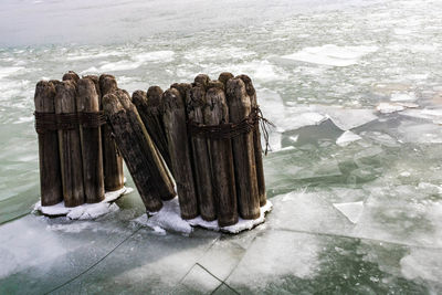 Wooden posts on sea shore