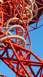 Low angle view of ferris wheel against clear blue sky