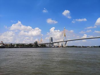 Bridge over river with city in background