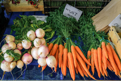 High angle view of vegetables for sale at market stall