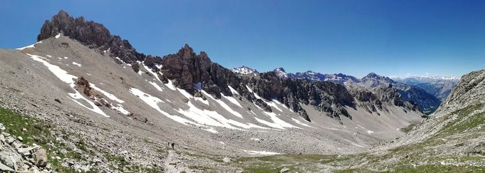 Scenic view of snowcapped mountains against clear blue sky